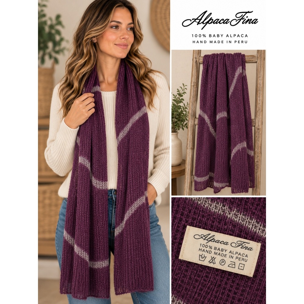 Alpaca Fina 100% Baby Alpaca Hand Made Peru Chalina Ripp Scarf Purple Grey